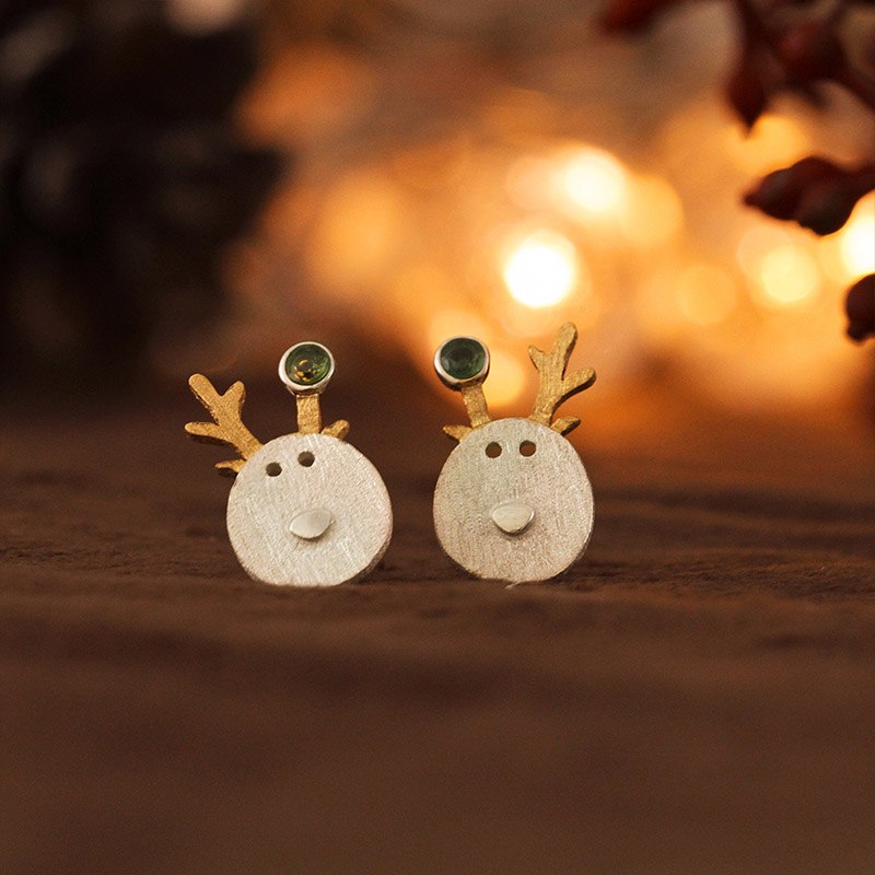 Real 925 Sterling Silver Natural Tourmaline Handmade Fine Jewelry Christmas Joys Cute Reindeer Stud Earrings Best Gift