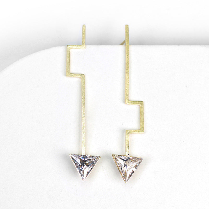 Real 925 Sterling Silver Natural Zirconia Handmade Fine Jewelry Modern Minima Design Asymmetric Dangle Earrings