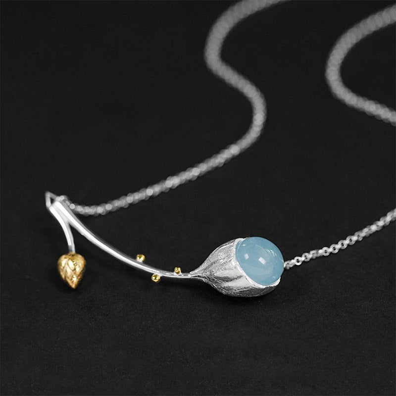 Real 925 Sterling Silver Necklaces Pendants for Women Blue Aquamarine Fine Jewelry Flower Buds Long Statement Necklace