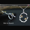 Real 925 Sterling Silver Original Handmade Fine Jewelry Bird on Branch Jewelry Set with open Ring Pendant Necklace
