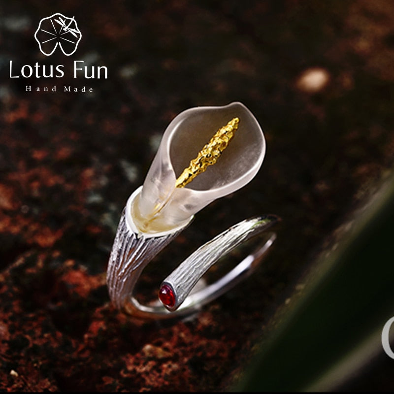Real 925 Sterling Silver Ring Natural Handmade Designer Fine Jewelry Calla Lily Flower Ring Adjustable Rings Women