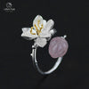 Real 925 Sterling Silver Ring for Women Natural Rose Quartz Pink Stone Flower Fine Jewelry Adjustable Resizable Band