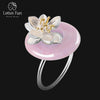 Real 925 Sterling Silver Ring for Women Natural Rose Quartz Stone Pink Round Flower Band Resizable Party Fine Jewelry