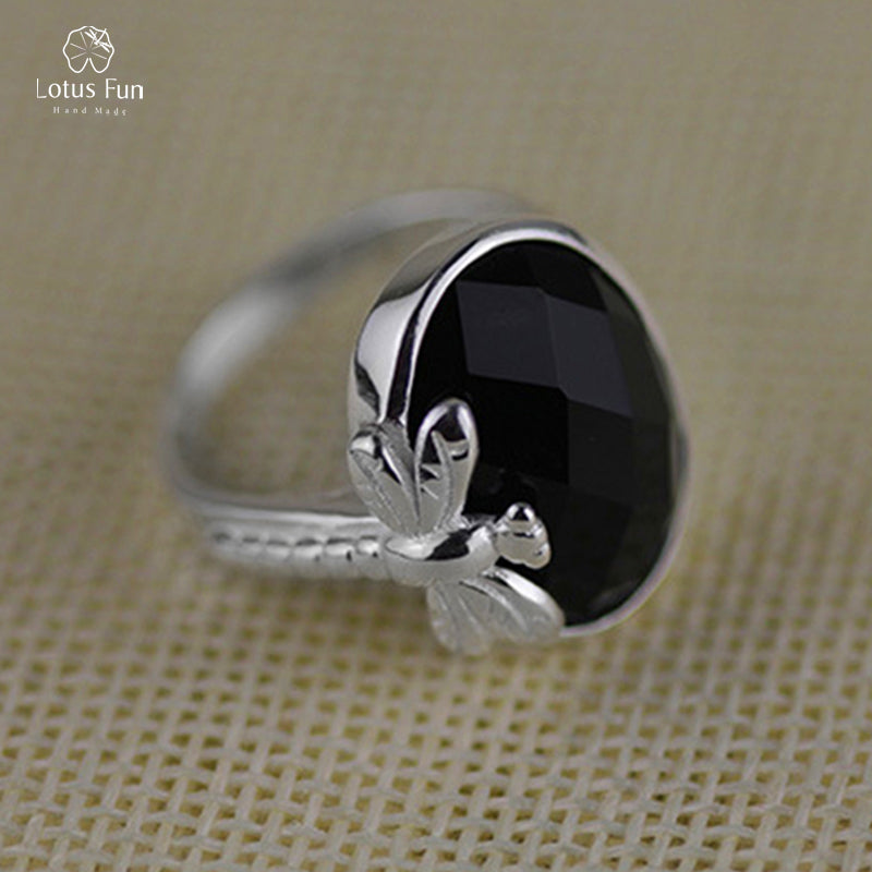 Real 925 Sterling Silver Rings for Women Natural Black Agate Stone Finger Band Dragonfly Resizable Party Fine Jewelry