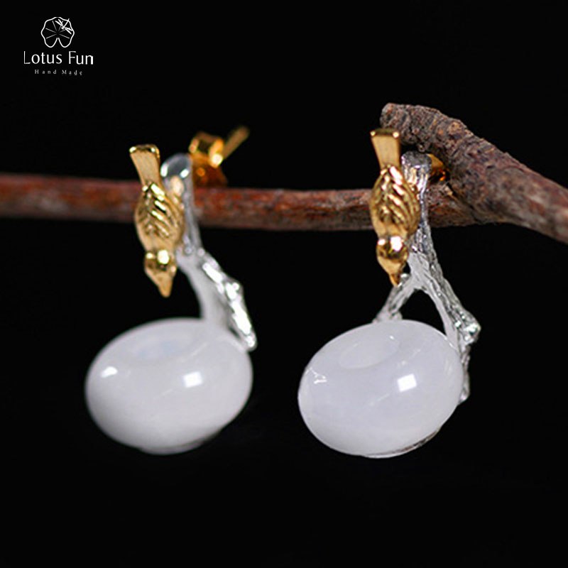Solid 925 Sterling Silver Drop Dangle Earring for Women Natural Stone Birds Detachable Double Side Earing Fine Jewelry