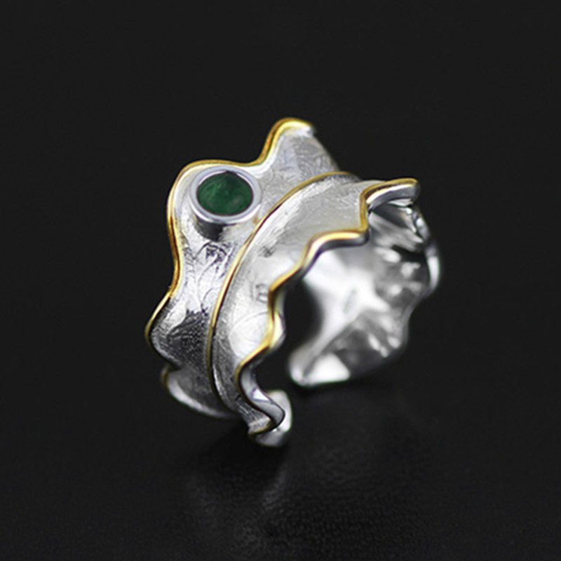 Sterling Silver 925 Ring for Women 2020 Unique Green Tourmaline Twist Leaf Open Cuff Resizable Ring Band Fine Jewelry