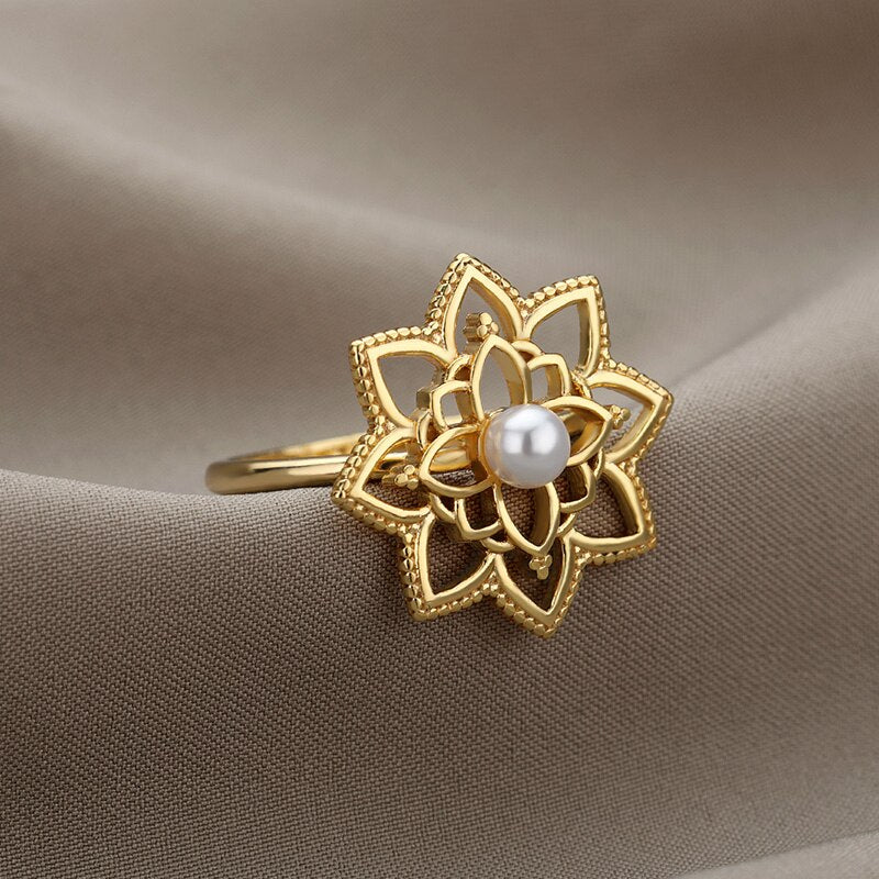 Lotus Pearl Ring Stainless Steel Gold Color Flower Rings For Women Vintage Couple Aesthetic Jewelry Gift bague femme