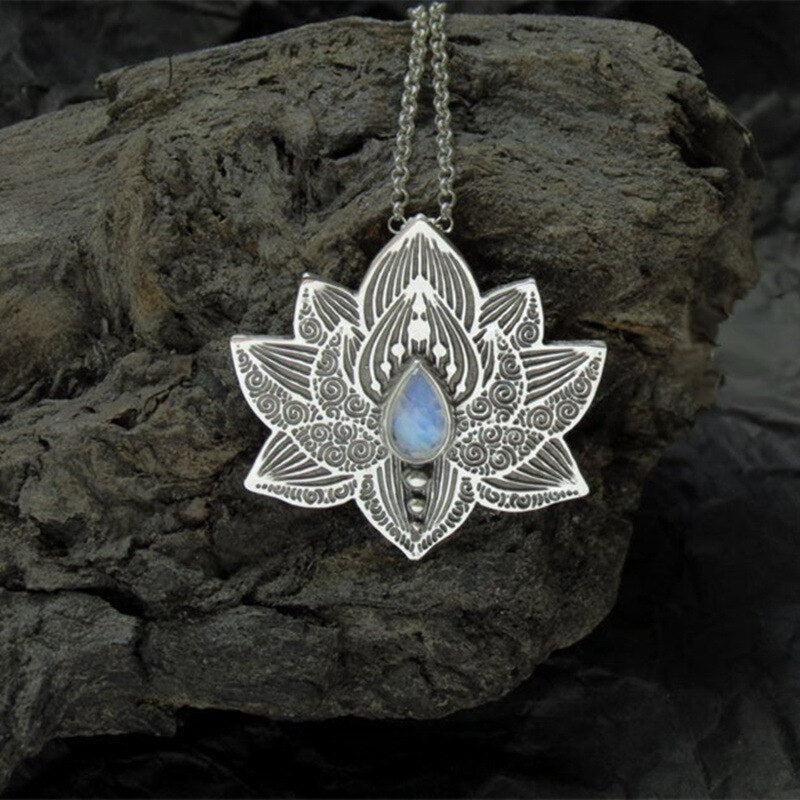Lotus Yoga Pendant In Alloy, Moonstone Chakra Necklace for Women Girls