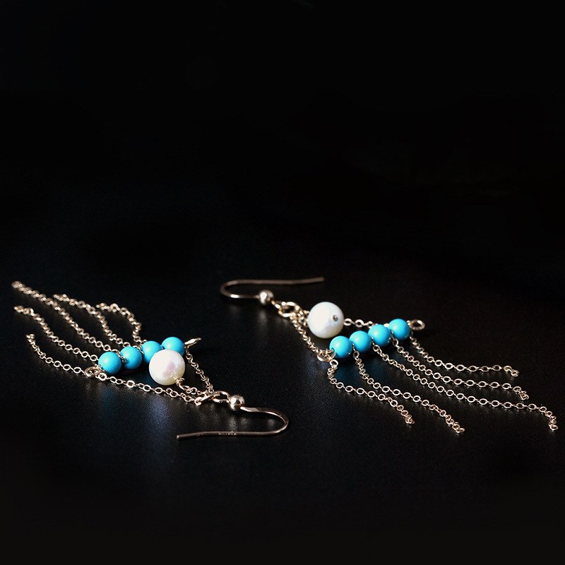14K gold Turquoise earrings handmade DIY natural pearl green Turquoise tassel drop earrings for women charms jewelry