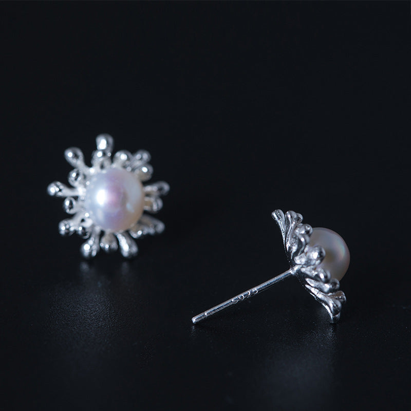 925 snowflake pearl earrings sterling 925 silver simple wild snowflake natural pearl stud earrings for women jewelry