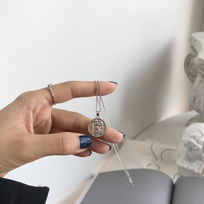 925 sterling silver Old man portrait coin pendant necklace round lucky guard figure necklace for women festival jewelry