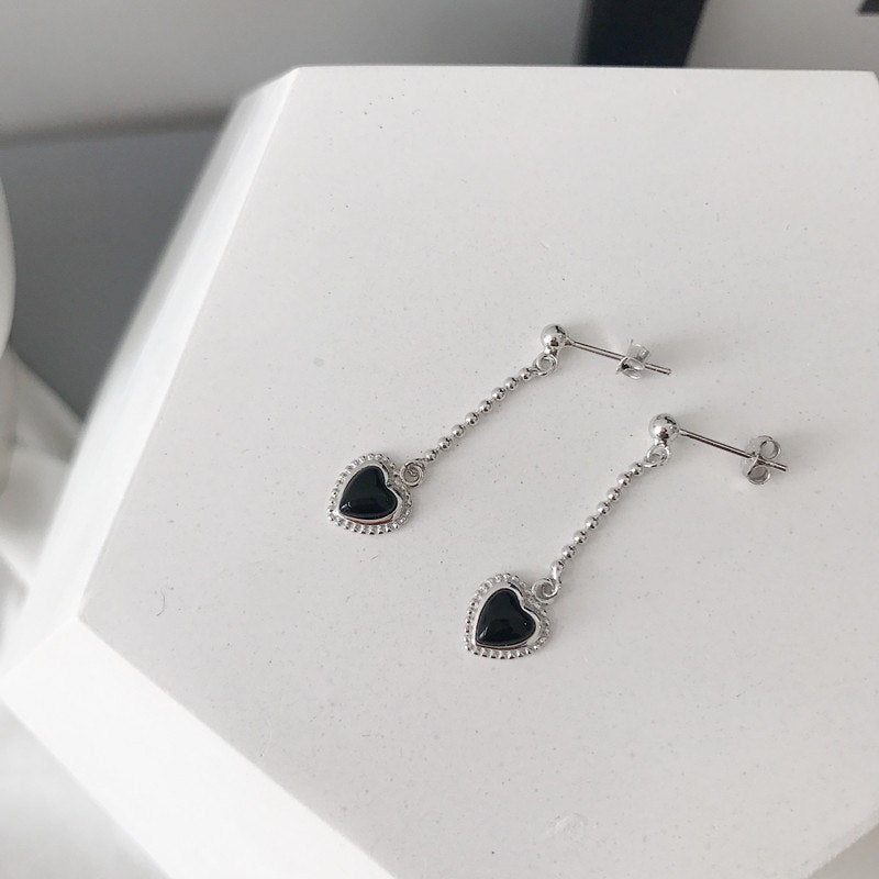 925 sterling silver black agate heart earrings personality fashion black agate drop earrings for women charms jewelry