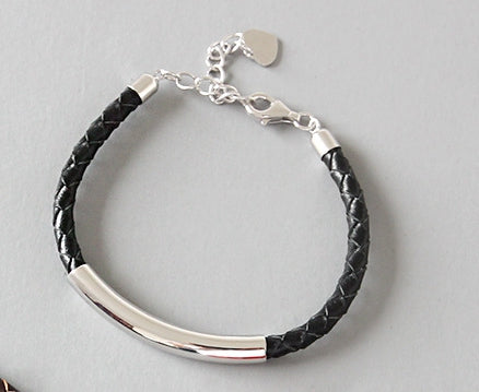 925 sterling silver cowhide weave bracelets&bangles handmade fashion round tube adjustable bracelets for women jewelry