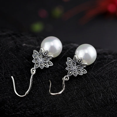 925 sterling silver garnet earrings red round handmade flowers shell pearl garnet drop earrings for women charm jewelry