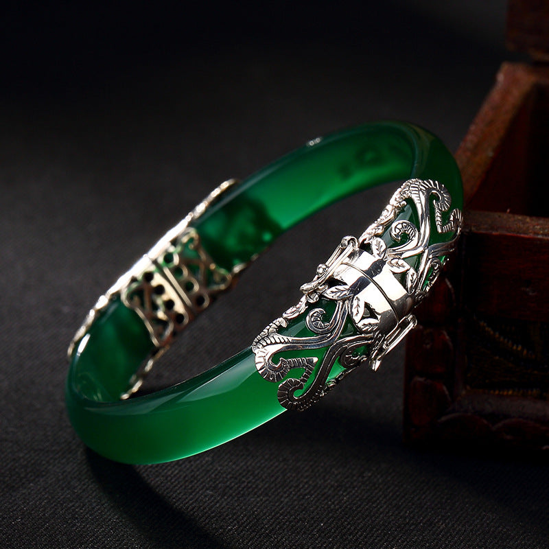 925 sterling silver jade bangles handmade fashion charms Pattern Chalcedony jade bangles for women wild jade jewelry