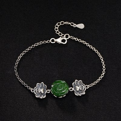 925 sterling silver lotus flowers jasper jade bracelets natural hetian green jasper jade vintage bracelets for women