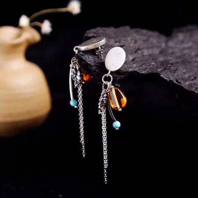 925 sterling silver natural Amber earrings handmade DIY design tassel amber 925 silver jewelry earrings for women charms