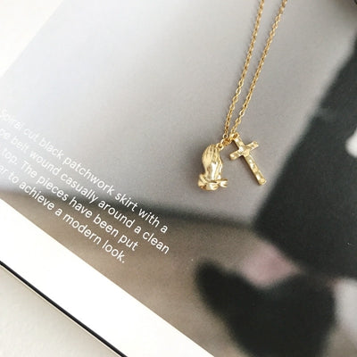 925 sterling silver prayer palm Cross pendant necklace gold temperament lucky necklace for women religion jewelry gift