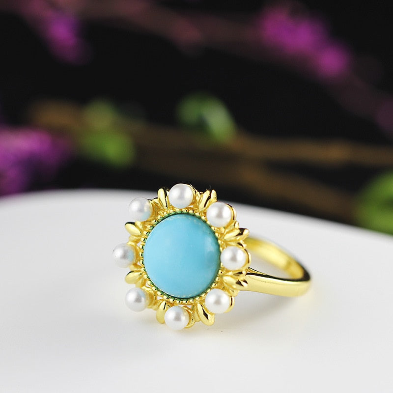 925 sterling silver turquoise rings mosaic pearl natural stone turquoise pearl around wedding rings fine jewelry gift
