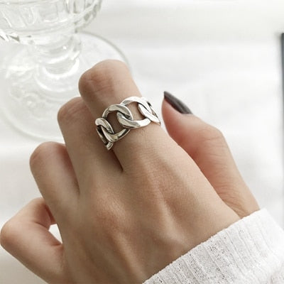 925 sterling silver wide chain rings silver vintage wild square strip chain open rings for women new fine jewelry gift