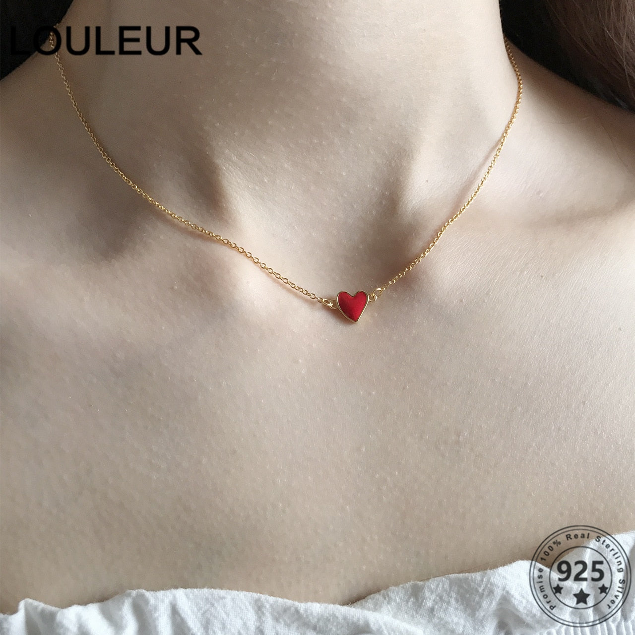LouLeur Choker 925 Sterling Silver Necklace Double Red Heart Pendant Necklace For Women Girl Fine Jewelry All-Matched 2022 Trend
