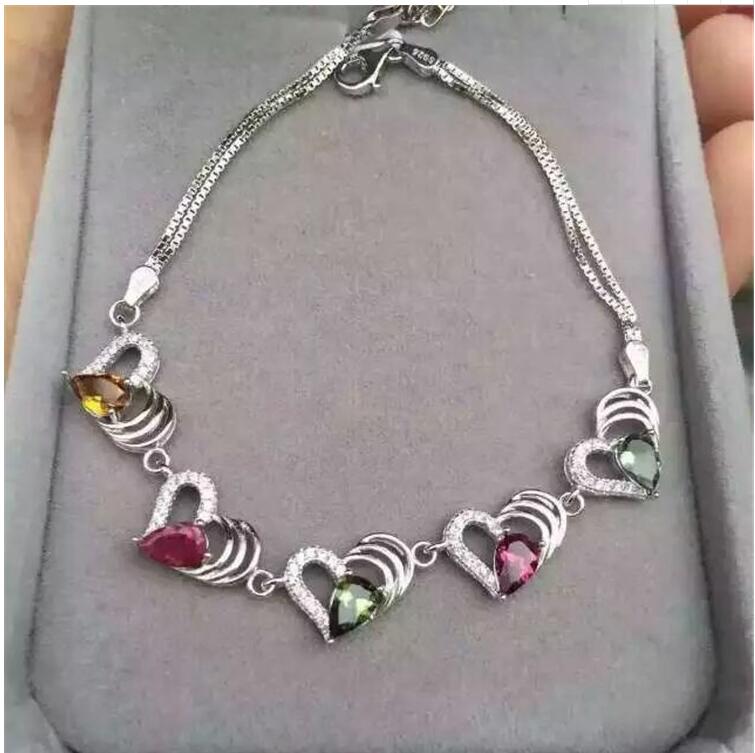 Love Heart Chain bracelet Free shipping Natural and real tourmaline 925 sterling silver Fine jewelry gems 3*5mm 5pcs