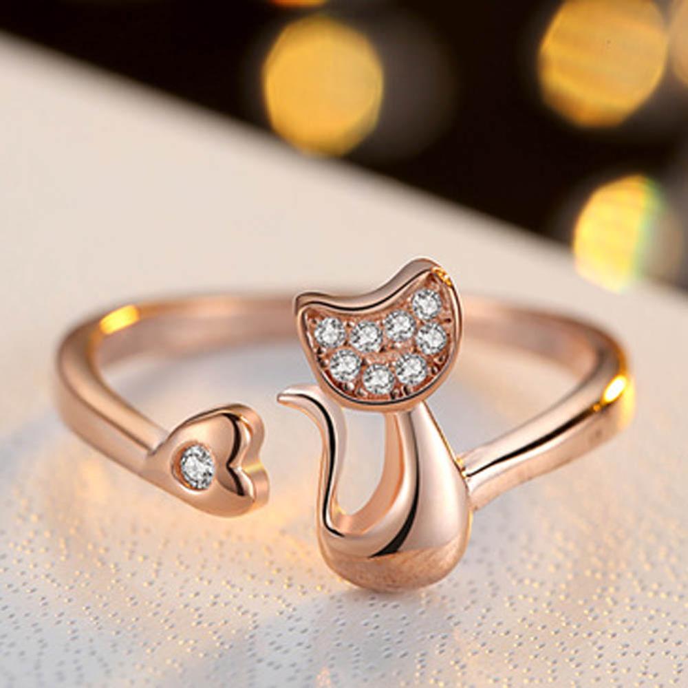 Love Heart Cute Little Cat Shaped Opening Ring Silver/ Rose Gold Color Rhinestones Inlaid Fashion Cute Ring