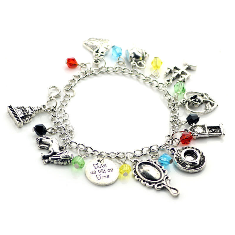 Love Story Beauty and the Beast Charm Bracelets & Bangles with Glass, Jug Castle Mirror Rose Pendant Lobster Clasp Link Chain