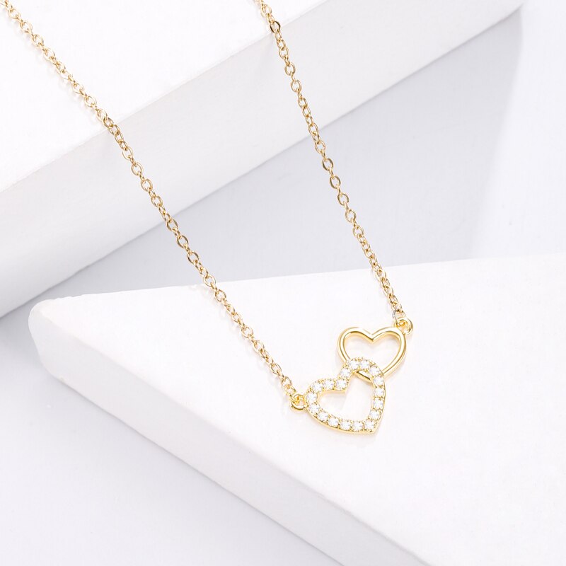 Lovely 2 Heart Pendant Women's Necklace Simple CZ Crystal Gold Color Clavicle Chain Wedding Jewelry 2022