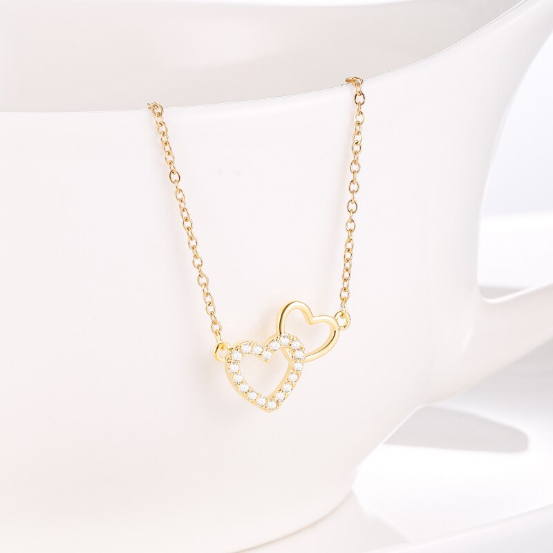 Lovely 2 Heart Pendant Women's Necklace Simple CZ Crystal Gold Color Clavicle Chain Wedding Jewelry 2022