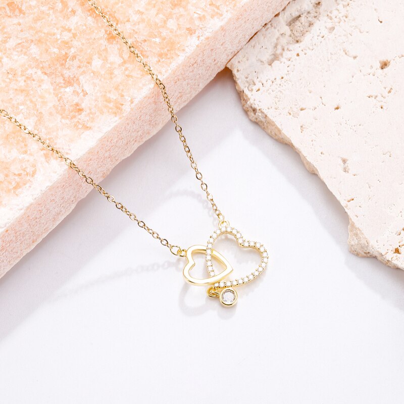 Lovely 2 Heart Pendant Women's Necklace Simple CZ Crystal Gold Color Clavicle Chain Wedding Jewelry 2022