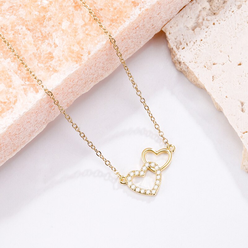 Lovely 2 Heart Pendant Women's Necklace Simple CZ Crystal Gold Color Clavicle Chain Wedding Jewelry 2022