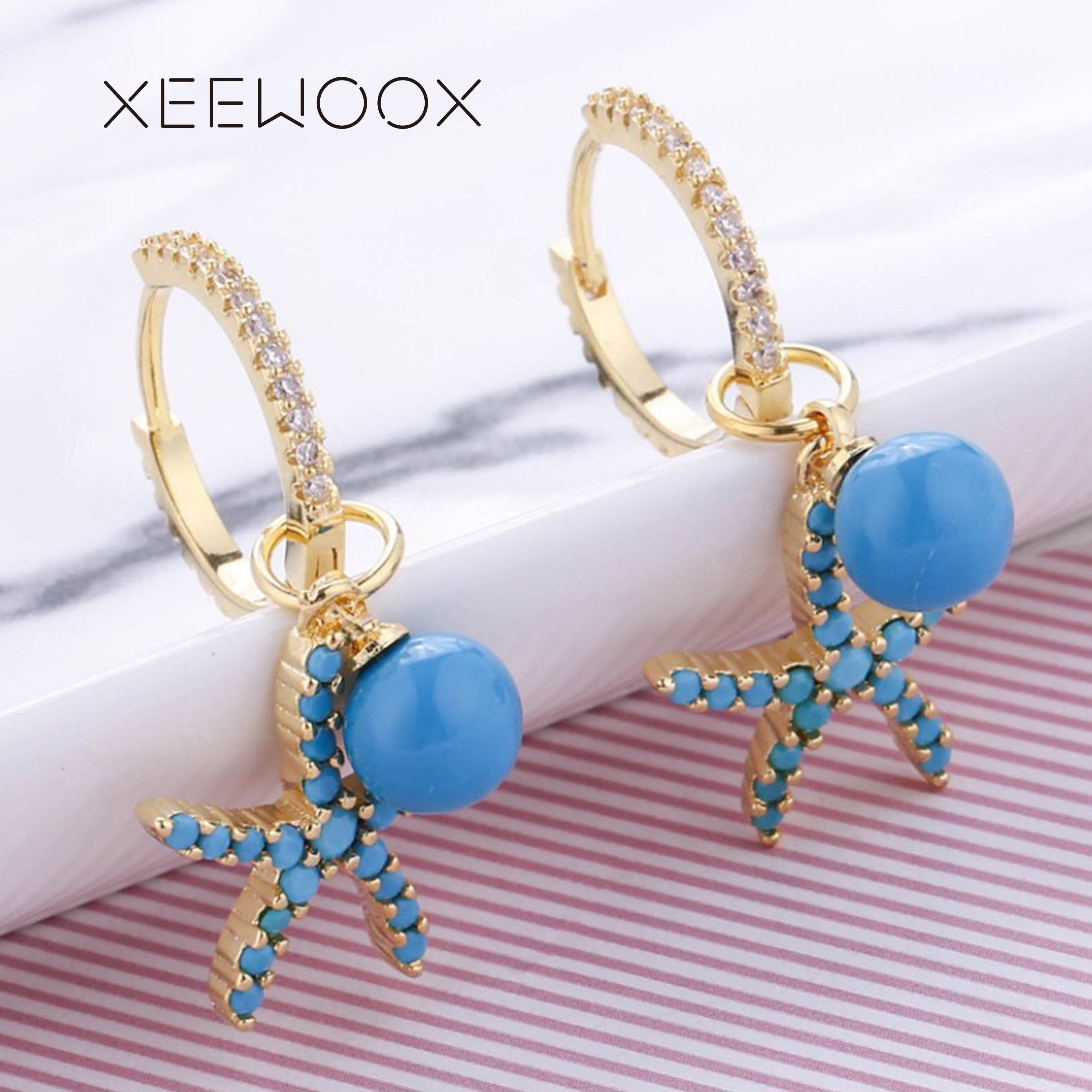 Lovely Animal Starfish Seafood Blue Ball Zircon Crystal Statement Woman Drop Earring Design Party Anniversary Gift