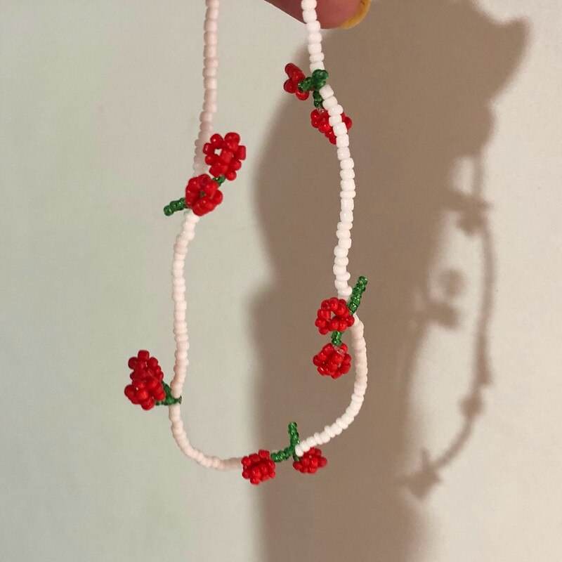 Lovely Cherry Crystal Pendant Choker Cute White Pearl beaded Necklace Butterfly Pearl Beads Chain Jewelry Gifts for Women Girls