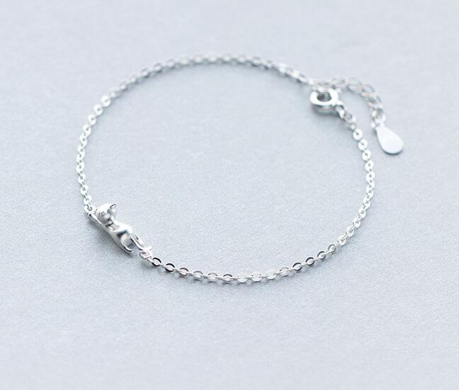 Lovely Cute Real. 925 Sterling Silver jewelry kitten Cat chain bracelet sterling-silver-jewelry adjustable Animal GTLS250