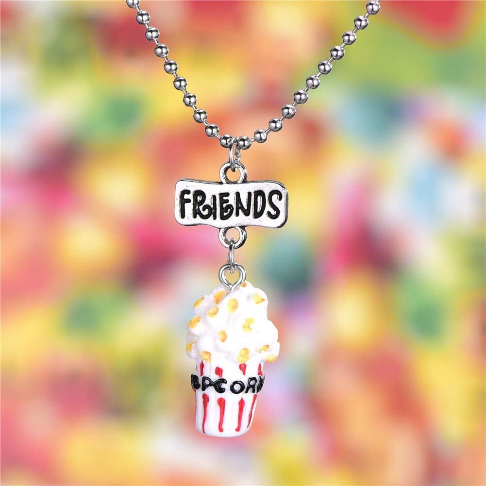 Lovely Imitation Food Popcorn Necklace Letter Friend Resin Alloy Bead Chain Necklace For Friend&#39;s Christmas Gift