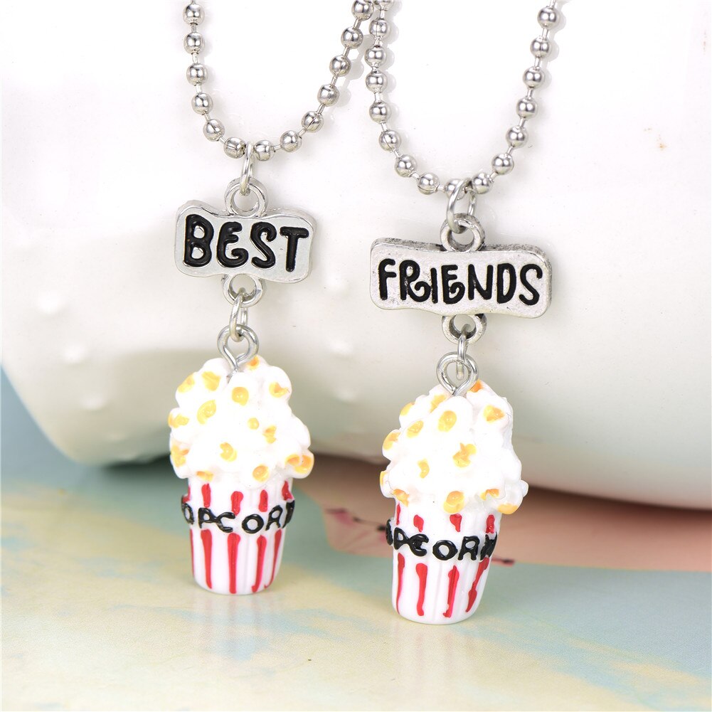 Lovely Imitation Food Popcorn Necklace Letter Friend Resin Alloy Bead Chain Necklace For Friend&#39;s Christmas Gift