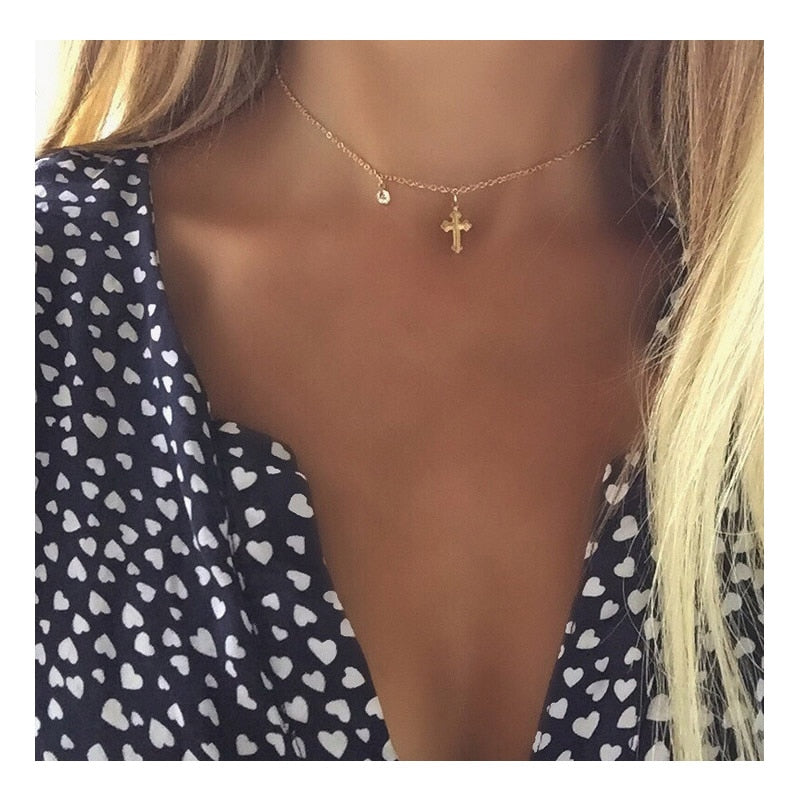 Lovely Necklace For Women Choker Cross Necklace Crystal Girl Friend Collares Gold Color Jewelry