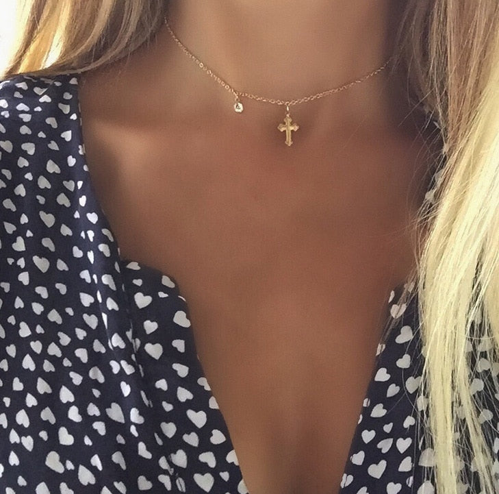 Lovely Necklace For Women Choker Cross Necklace Crystal Girl Friend Collares Gold Color Jewelry