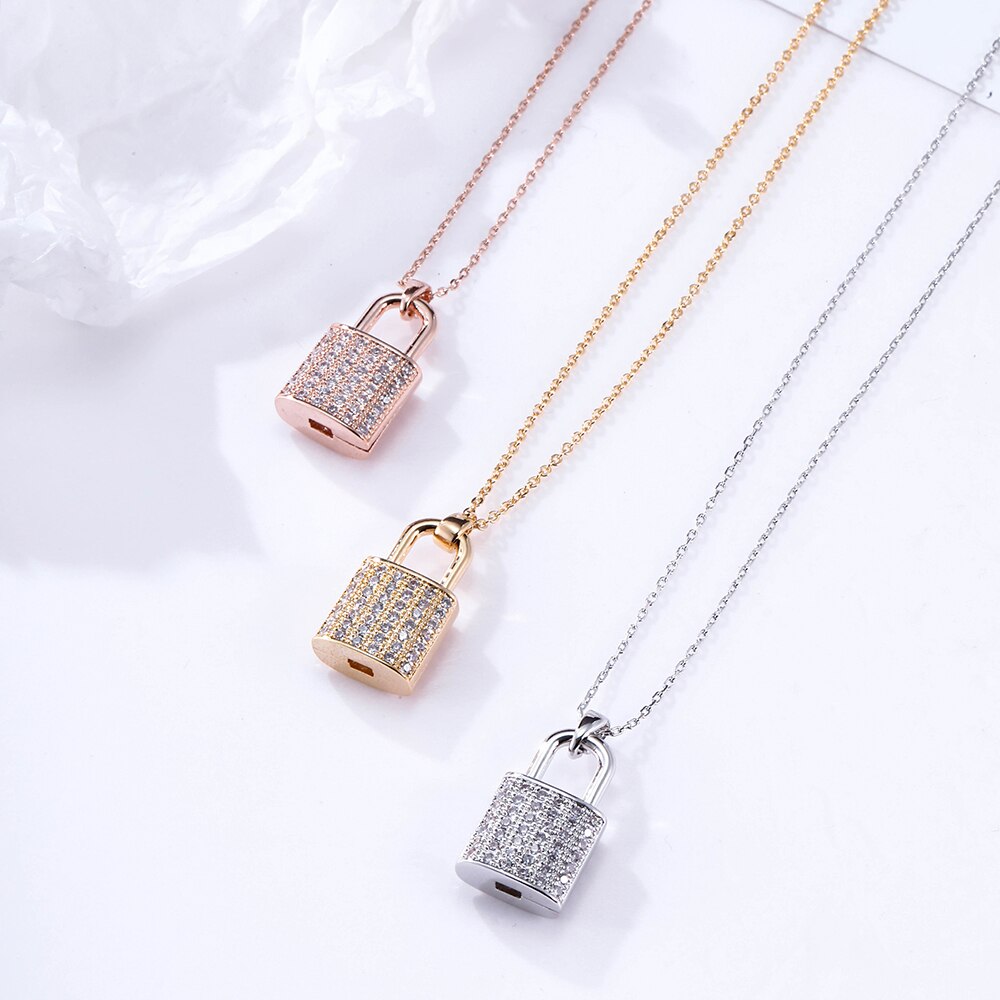 Lover Lock Pendant Choker Necklace For Women CZ Zircon Rose Gold Silvery Chain Simple Necklaces Women Jewelry