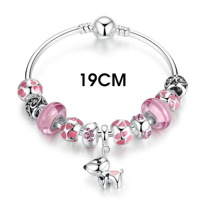 LoverLake New Arrival Silver Color Lovely Dog Pendant Pink European Glass Beads Charm Bracelets & Bangles Jewelry PA3810