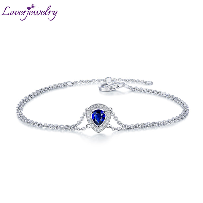 Luxury Solid 18K White Gold Blue Pear Sapphire Wedding Diamond Bracelet for Women Christmas Gift