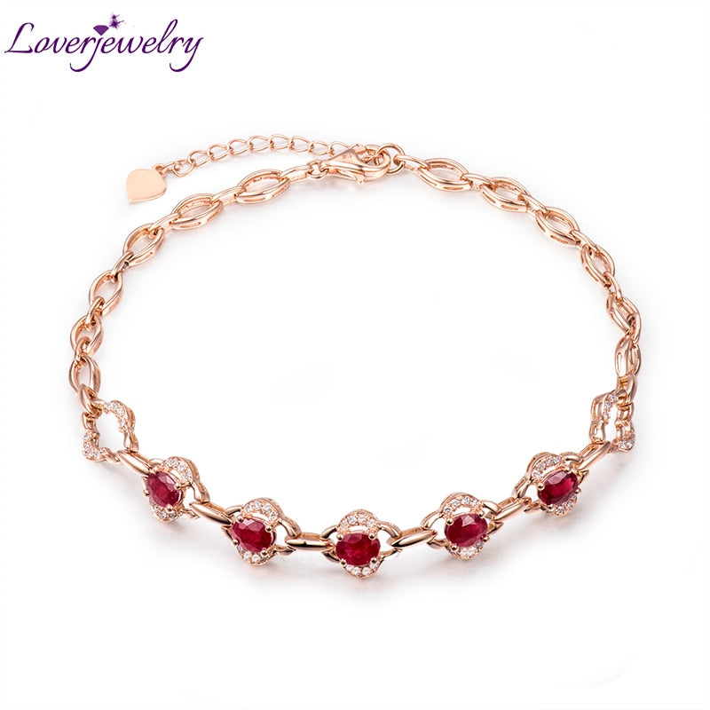 Solid 18K Rose Gold Natural Oval Ruby Wedding Bracelet Popular Jewelry for Women Style