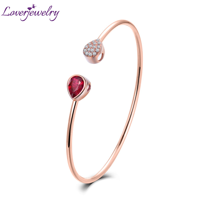 Solid 18K Rose Gold Pear Cut Natural Ruby Wedding Diamond Bracelet Promised Jewelry for Women