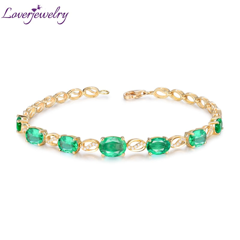 Solid 18K Yellow Gold Natural Diamond Emerald Wedding Bracelet for Women Christmas Loving Gift