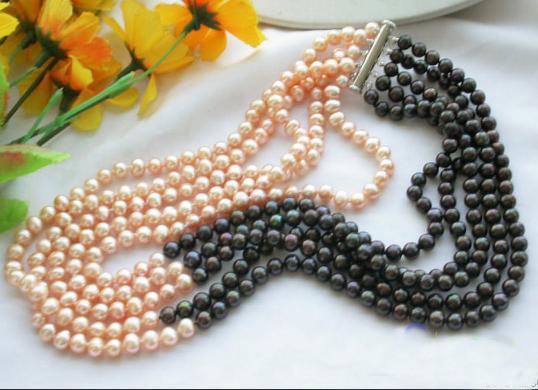 Luck Jewelry Store Real Pearl Necklace Luster 5Rows 7mm Pink Black Color Real Freshwater Pearl Necklace Smart Jewelry Women Gift