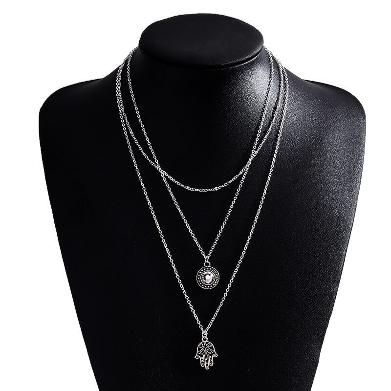 Lucky Fatima Hamsa Hand Necklaces for Women Crystal Pendant Jewelry Gold Silver Color Multi-Layer Chain Necklace