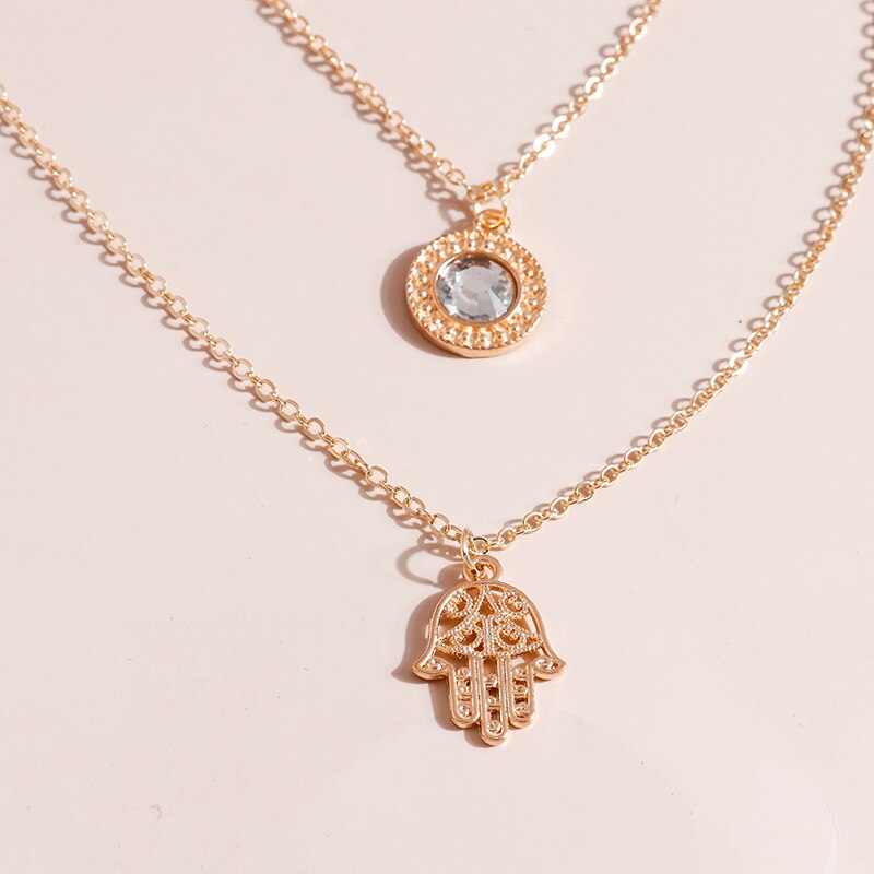 Lucky Fatima Hamsa Hand Necklaces for Women Crystal Pendant Jewelry Gold Silver Color Multi-Layer Chain Necklace