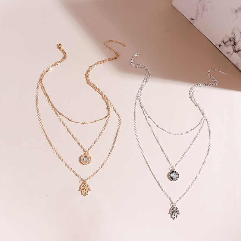Lucky Fatima Hamsa Hand Necklaces for Women Crystal Pendant Jewelry Gold Silver Color Multi-Layer Chain Necklace