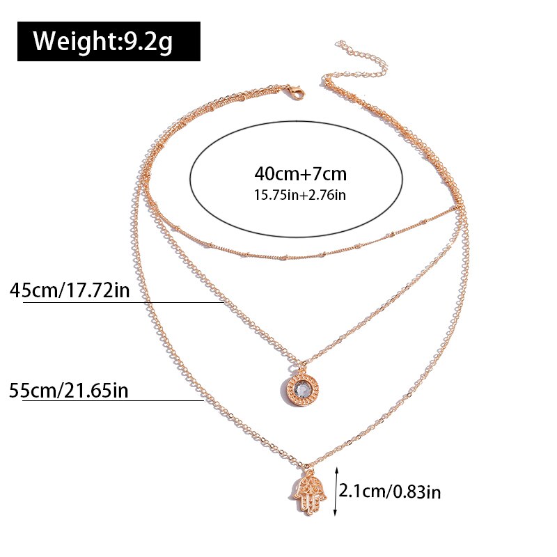 Lucky Fatima Hamsa Hand Necklaces for Women Crystal Pendant Jewelry Gold Silver Color Multi-Layer Chain Necklace